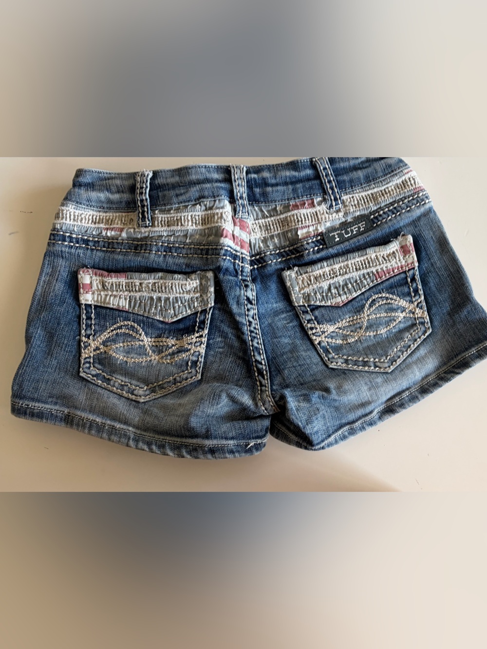 Cowgirl Tuff Distressed Blue Denim Short Shorts with White Stitching